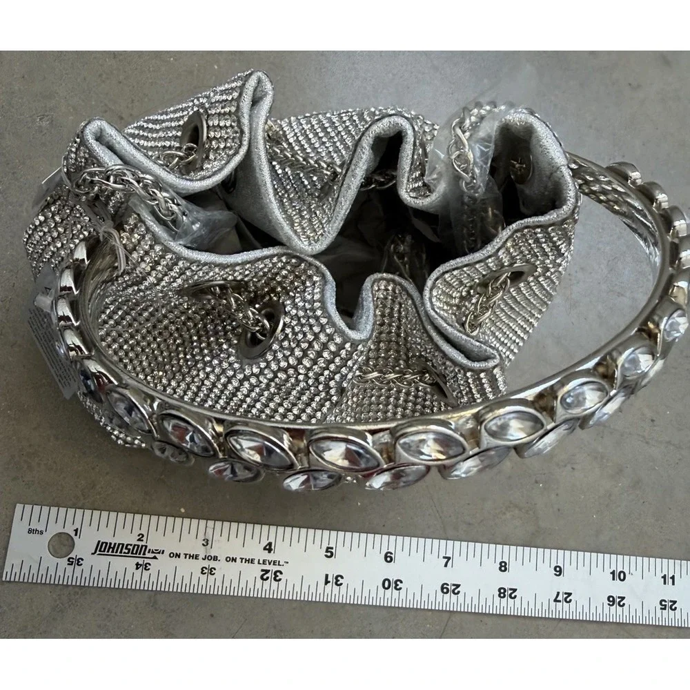 Silver Rhinestone Crystal Going Out Bag Jeweled Handle Bucket Party Purse